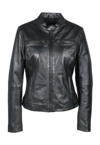Giubbotto in pelle nera con colletto arrotondato, due tasche sul petto con zip e maniche lunghe con dettagli hardware minimi.