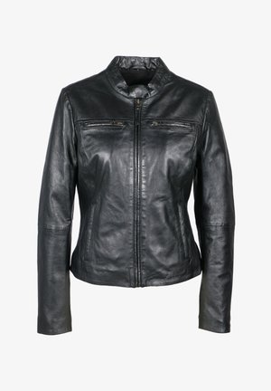 Zwarte leren jas met een ronde kraag, twee ritsborstzakken en lange mouwen met minimale hardwaredetails.