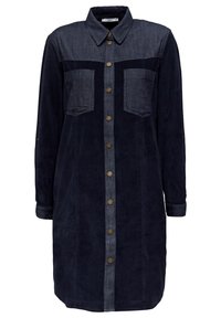 Robe chemise bleu marine à manches longues avec col en denim, boutonnage devant et deux poches poitrine.