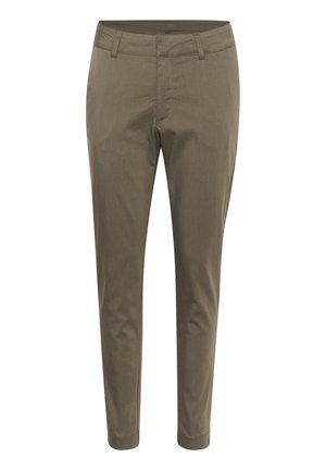 Pantalons vert olive à coupe slim, fabriqués en tissu mélangé coton, avec une taille plate, des passants de ceinture et un design classique à cinq poches.
