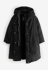 Gacă pufă neagră cu glugă, cu zip și închideri cu capse în față, textură netedă și croială oversized. Foderată cu un material moale și cald.