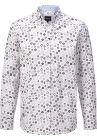 Weißes Hemd mit Button-Down-Kragen, das ein mehrfarbiges Punktemuster in Pink, Grau und Schwarz aufweist. Aus leichtem Stoff gefertigt.