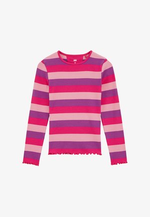 Langärmliges gestreiftes Oberteil in Pink, Lila und Hellrosa. Verfügt über eine gerippte Textur und einen gewellten Saum an den Bündchen und am unteren Rand.