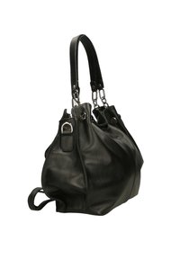 Borsa in pelle nera con finitura morbida e testurizzata. Dotata di doppi manici, ferramenta argentata e design morbido con tasche laterali.