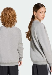 Šedá mikina s dlhými rukávmi, rebrovanými manžetami a lemom. Má voľný strih a jemnú textúru. Nosená s tmavými športovými nohavicami.