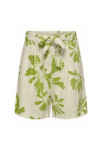 Květinové šortky z lehké béžové bavlny se zelenými vzory listů, širokými nohavicemi a sladěným páskem na zavazování. Mají boční kapsy a volný střih.