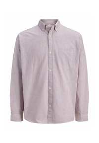 Chemise à manches longues boutonnée avec fines rayures verticales rouges et blanches, col boutonné et poche poitrine avant.