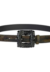 Cinturón de cuero negro con una hebilla cuadrada, adornada con joyas y acentos negros, y una correa texturizada en tonos marrón y verde.