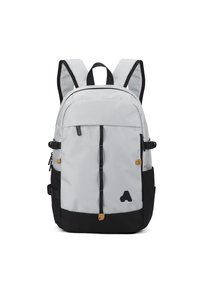 Sac à dos gris clair avec des accents noirs, comportant plusieurs compartiments, des bretelles rembourrées réglables et un logo dans le coin inférieur droit.