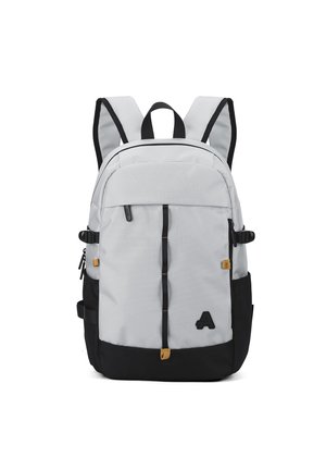 Light gray backpack with black accents, featuring multiple compartments, adjustable padded straps, and a logo in the lower right corner.