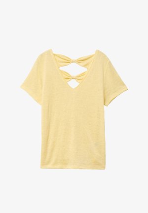 Geel T-shirt met korte mouwen, diepe V-hals en twee stoffen strikken over een detail met een open rug.