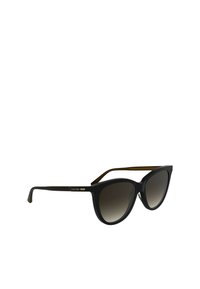 Czarne okulary przeciwsłoneczne w koci kształcie z gradientowymi soczewkami, plastikowa oprawka oraz złote akcenty na zausznikach. Teksturowane wykończenie zwiększa chwyt oraz trwałość.