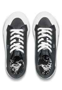 Black synthetic leather sneakers with white laces and sole. Interior features a floral print. logo on the side and tongue. Rounded toe design.
