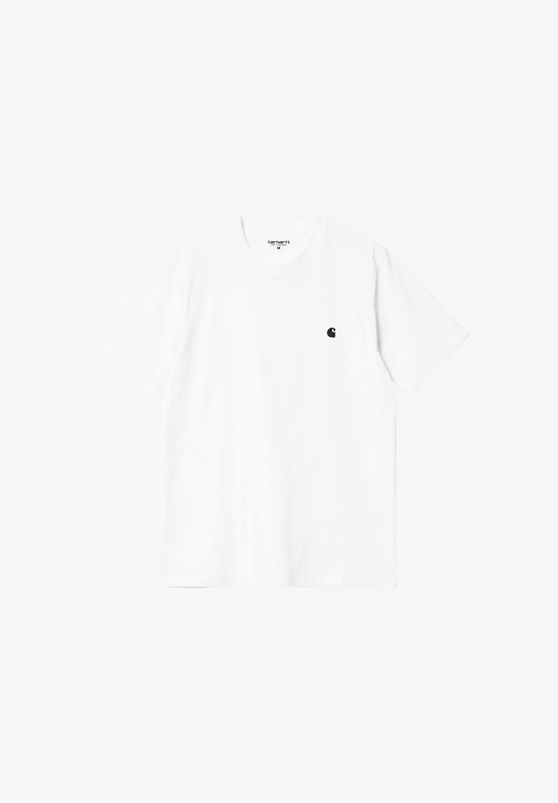 White cotton t-shirt with short sleeves, round neck, and a small black logo on the left chest. Soft texture and standard fit.