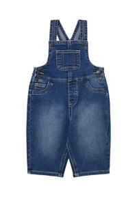Denim tuinbroek in middenblauw met verstelbare banden, een voorzak en metalen accenten. Heeft een klassieke snit en een licht vervaagde textuur.