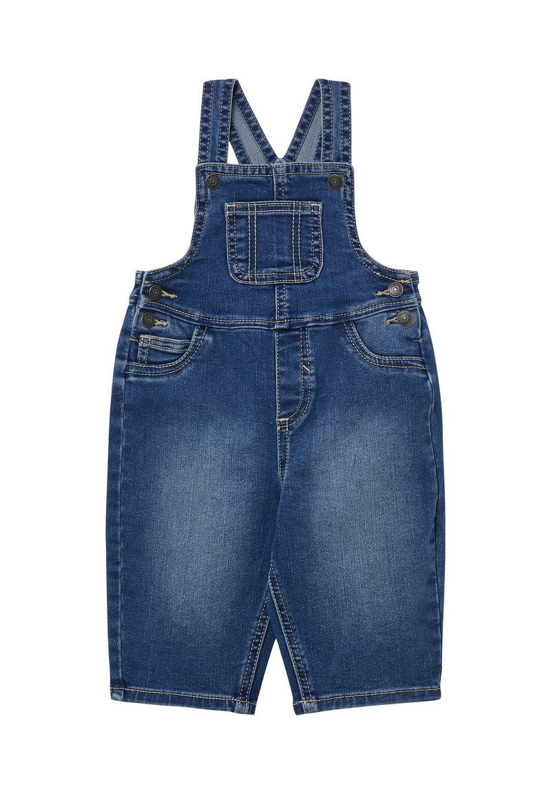 Denim tuinbroek in middenblauw met verstelbare banden, een voorzak en metalen accenten. Heeft een klassieke snit en een licht vervaagde textuur.