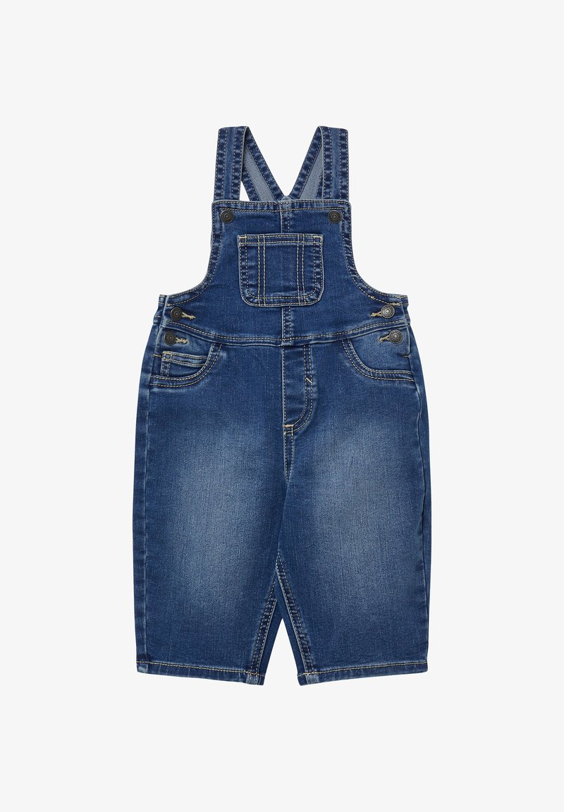Denim overalls in medium blue with adjustable straps, front pocket, and metal accents. Features a classic cut and slightly faded texture.