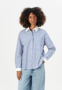 Camicia button-up con righe verticali blu e bianche, colletto classico e taschino sul petto. Maniche lunghe con polsini bianchi. Indossati jeans in denim.