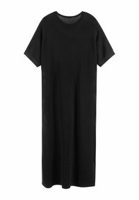 Schwarzes Strickkleid mit kurzen Ärmeln, das eine lockere Passform, einen runden Ausschnitt und ein strukturiertes Muster aufweist. Seitenschlitze am Saum.