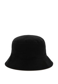 Zwarte bucket hat van katoen met een ronde kroon en een brede, vlakke rand. heeft gestikt detail rond de rand.