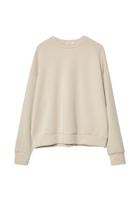 Beige Langarm-Sweatshirt aus weichem Stoff, mit Rundhalsausschnitt, lockerer Passform und gerippten Bündchen und Saum. Glatte Textur ohne Muster.