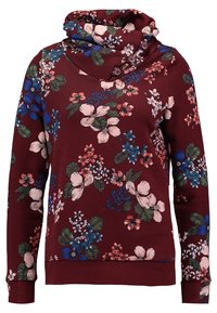 Felpa floreale in tessuto bordeaux, con colletto a cowl dotato di bottoni, maniche lunghe e motivi floreali colorati in rosa, blu e verde.