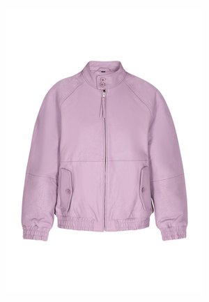 Helllila Lederjacke mit hohem Kragen, Knopfverschluss, elastischen Bündchen und zwei vorderen Taschen. Glatte Textur mit lockerer Passform.