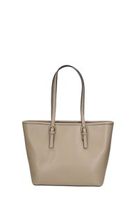 Tote bag en cuir beige avec deux poignées en cuir noir, de forme rectangulaire, texture lisse et accents en métal doré aux attaches des poignées.
