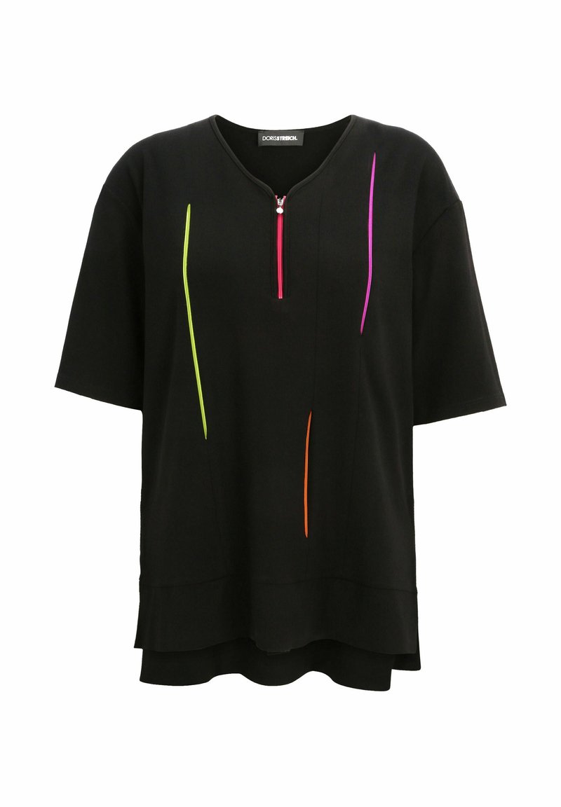 Schwarzes kurzärmeliges Oberteil mit V-Ausschnitt und einem Reißverschluss vorne, das farbenfrohe vertikale Akzente in Grün, Pink und Orange aufweist.
