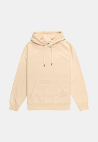Sudadera con capucha en color beis, con cordones, bolsillo tipo canguro y puños de canalé. Tejido suave, corte relajado, diseño minimalista sin logos.