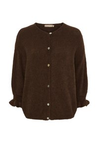 Brun strikket cardigan med rund hals, lange ærmer, knaplukning og rynkede manchetter.
