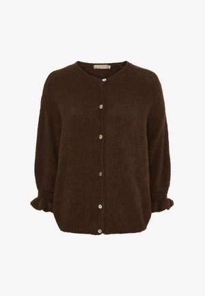 Brun strikket cardigan med rund hals, lange ærmer, knaplukning og rynkede manchetter.