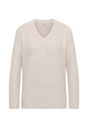 Jasno beżowy sweter dzianinowy z dekoltem w serek, prążkowanym wykończeniem i teksturowanym materiałem. Długie rękawy o luźnym kroju, idealny do noszenia w warstwach.