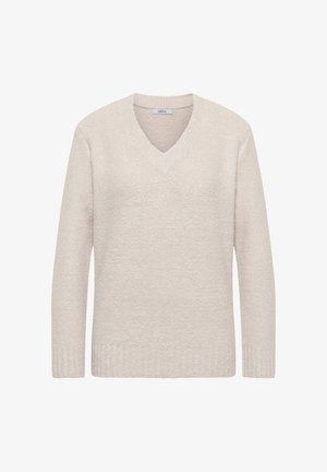 Lichtbeige gebreide trui met een V-hals, geribde zoom en gestructureerde stof. Lange mouwen met een ontspannen pasvorm, geschikt voor het dragen in lagen.