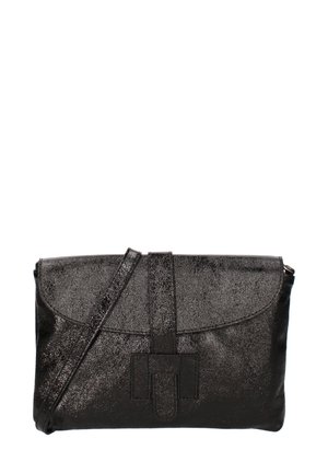 Black leather clutch bag with a metallic sheen. Features a flap closure, silver hardware, and an adjustable shoulder strap.