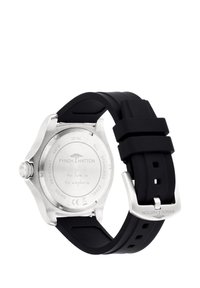 Edelstahl-Uhr mit rundem Gehäuse, schwarzem Silikonarmband und graviertem Rückseitendesign mit Brandname und Wasserdichtigkeitsangaben.