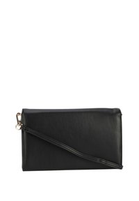 Sorte syntetisk læder clutch med et fladt rektangulært design og en aftagelig strop. Har en subtil tekstur og et hardware-tilbehør i guldtoner.
