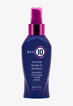 Bouteille bleue avec pompe rose étiquetée "It's a 10 miracle leave-in product", 120 ml / 4 fl oz, fabriquée aux États-Unis.