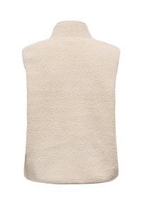 Gilet in pile color crema con collo alto. La texture è morbida e soffice. Presenta un design senza maniche e senza elementi hardware visibili.