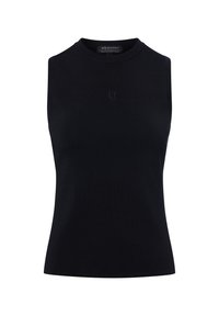Czarny bezrękawnik z prążkowanej tkaniny, z wysokim dekoltem i subtelnym haftowanym logo z przodu. Brak dodatkowych elementów wzorniczych.