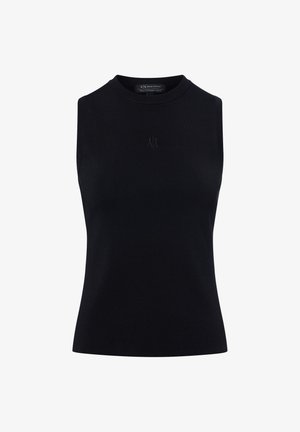 Czarny bezrękawnik z prążkowanej tkaniny, z wysokim dekoltem i subtelnym haftowanym logo z przodu. Brak dodatkowych elementów wzorniczych.