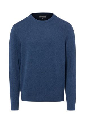 Pull bleu à manches longues et col rond, en tissu fin tricoté avec poignets et ourlet côtelés.