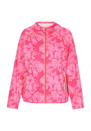 Rosa Blumen-Softshelljacke mit Kapuze, ausgestattet mit einem tropischen Muster, kontrastierenden orangefarbenen Akzenten und seitlichen Reißverschlusstaschen. Leichtes Material.