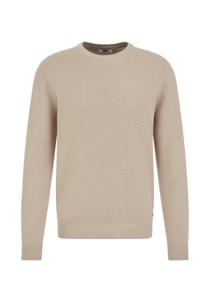 Béžový sveter s okrúhlym výstrihom v štruktúrovanom úplete, s dlhými rukávmi a rebrovanými manžetami a lemom. Jednoduchý dizajn bez viditeľných log alebo vzorov.