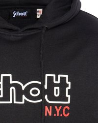 Schwarzer Baumwoll-Hoodie mit einem auffälligen weißen und roten Logo mit dem Text "Schott NYC" auf der Vorderseite und einer Kordelzug-Ausschnitt.