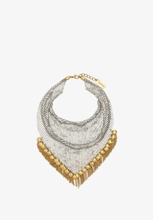 Srebrny naszyjnik z siateczkową częścią, złotą kulą i frędzlami, z zapięciem typu karabińczyk oraz regulowanym łańcuszkiem z metką "PARFOIS".