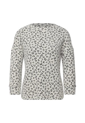 Leopardenmuster-Pullover in Hellgrau mit dunkelgrauen Flecken. Hat einen weiten Ausschnitt und Dreiviertelärmel. Weiche Textur mit gerippten Bündchen.