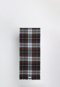 Brauner und hellblauer Karoschal aus weichem Stoff, mit fransigen Kanten und einem Etikett am unteren Ende. Rechteckige Form, glatte Textur.