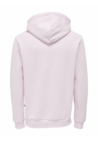 Felpa con cappuccio rosa chiaro, realizzata in tessuto morbido, con cappuccio ampio, maniche lunghe e orlo dritto con polsini a costine. Nessun dettaglio visibile.