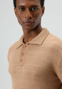 Lichtbruin gebreid poloshirt met een gestructureerde geribbelde kraag, voorzien van vier bruine knopen en een aansluitend model. Glad stoffen oppervlak.